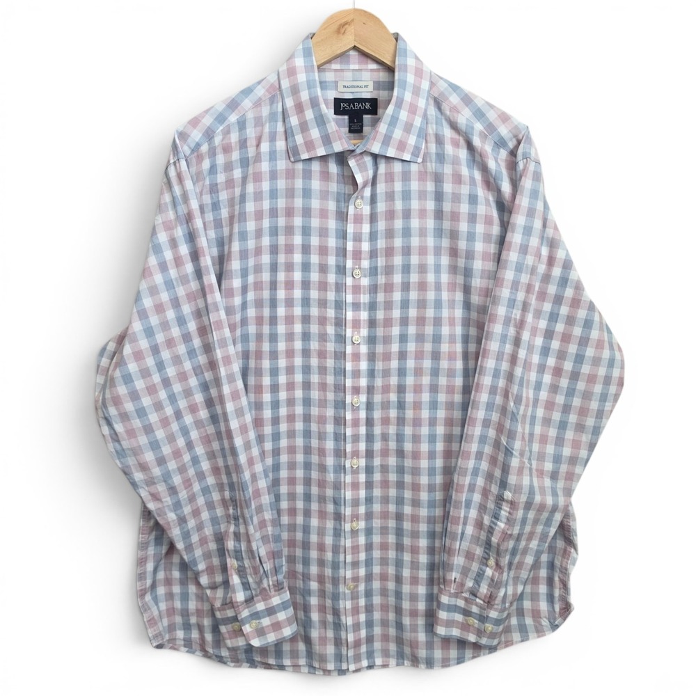 Jos A Bank Shirt Mens Large Blue Check Button‎ Up Traditional Fit Cotton Casual